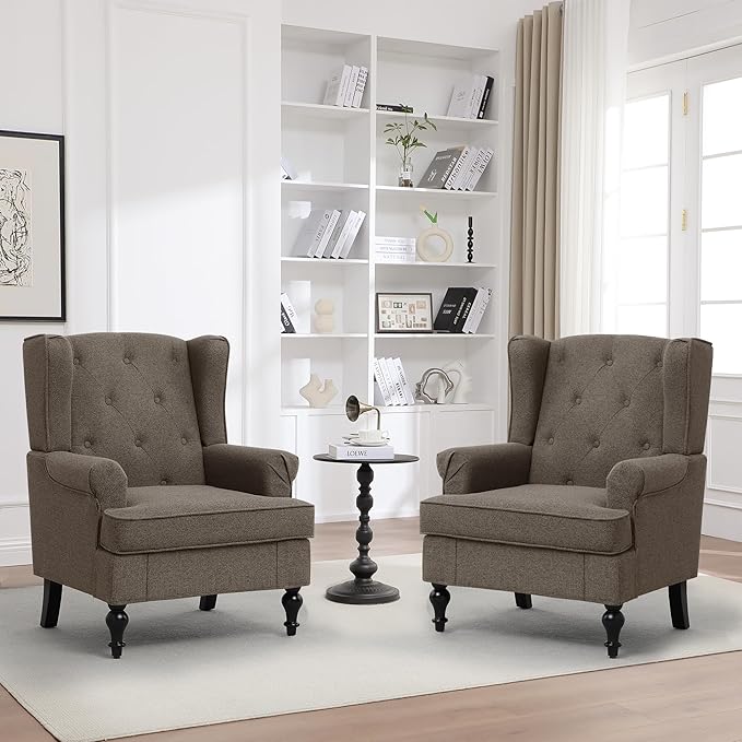 Accent Chair Set of 2, Mid Century Modern Fabric Wingback Chair, Upholstered