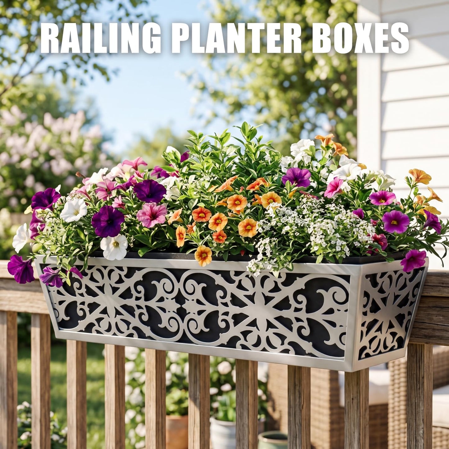 6 Pack 24 Inch Window Boxes Planter for Outdoor Plants Deck Railing Planters Box with Adjustable Brackets for Porch Fence Balcony Hanging Flower Baskets with Non-Woven Fabric Liner for Garden Decor