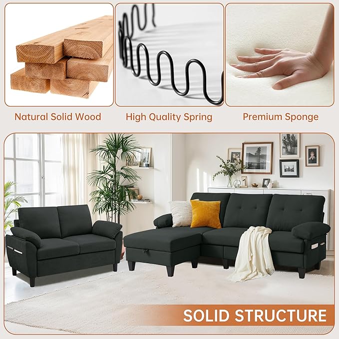 84" Convertible Sectional Sofa Set, 3 Seat L Shaped Couch
