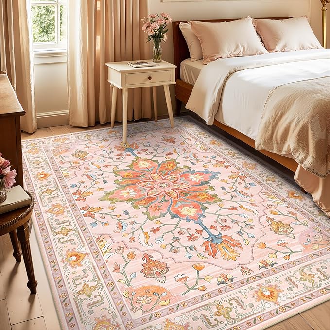 RELEANY Area Rugs 6'x9' Washable Non-Slip, Floral Vintage Distress Print