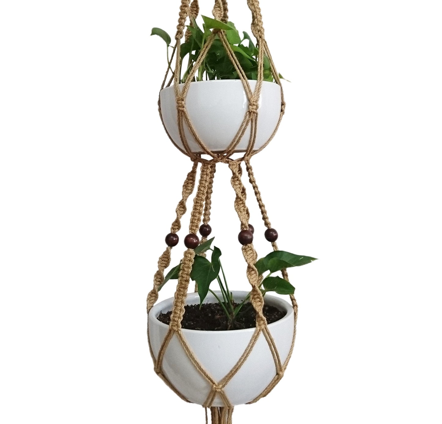 6 Legs Macrame Plant Hanger Natural Hemp Rope Plant Hangers with 12 pcs Round Wood Bead, 65-inches Length for 10" Pot (Without White Pot and Plant) (Brown)