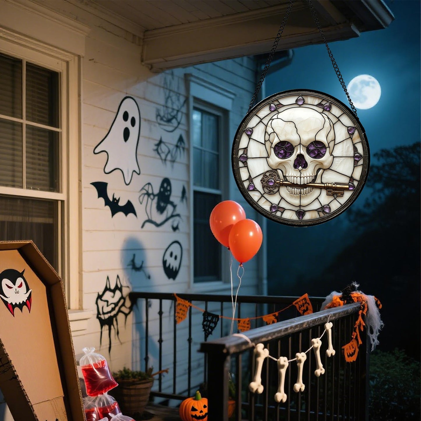 CRISGIF Stained Glass Window Hanging - Halloween Scary Skull Suncatcher for Doors Garden Home Spooky Purple Skeleton Key Sun Catchers Gothic Decor Horror Gifts for Women Men Friend Boy Girl 9.8 in