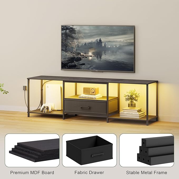 JARHETUN TV Stand with LED Lights, Entertainment Center with Open Shelves and