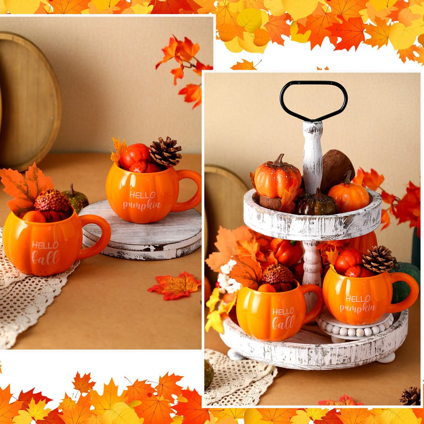 GlikCeil 2 Pcs Fall Pumpkin Mugs, Hello Fall Hello Pumpkin Coffee Cups for Tiered Tray 17 oz Thanksgiving Table Centerpieces Ceramic Mugs Drinking Cup for Autumn Harvest Wedding Birthday Gift