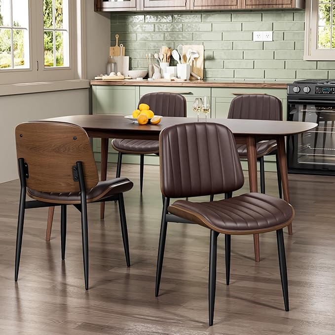REONEY Dining Chairs Set of 4, Mid-Century Modern Upholstered PU Leather Chairs