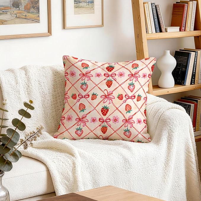 OBSEDE Pink Bow Strawberry Throw Pillow Covers 18 × 18 in, Couch Cushion Cases