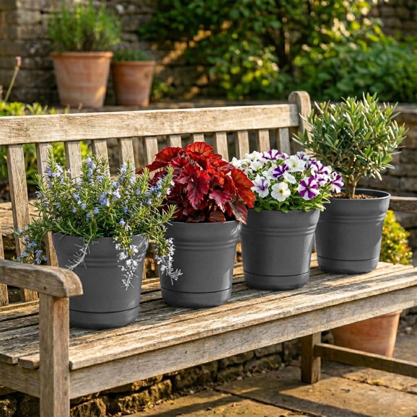 Bloem Saturn 5" Round Plastic Planter - Indoor/Outdoor, Snap-in Saucer & Drainage Holes, Charcoal, 4-Pack