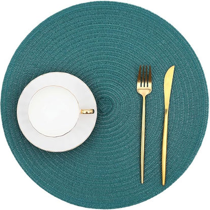 SHACOS Round Placemats Set of 8 Woven Braided Table Placemats 15 inch Circle Place Mats Washable Non Slip Table Mats for Home Wedding Party, Teal Green