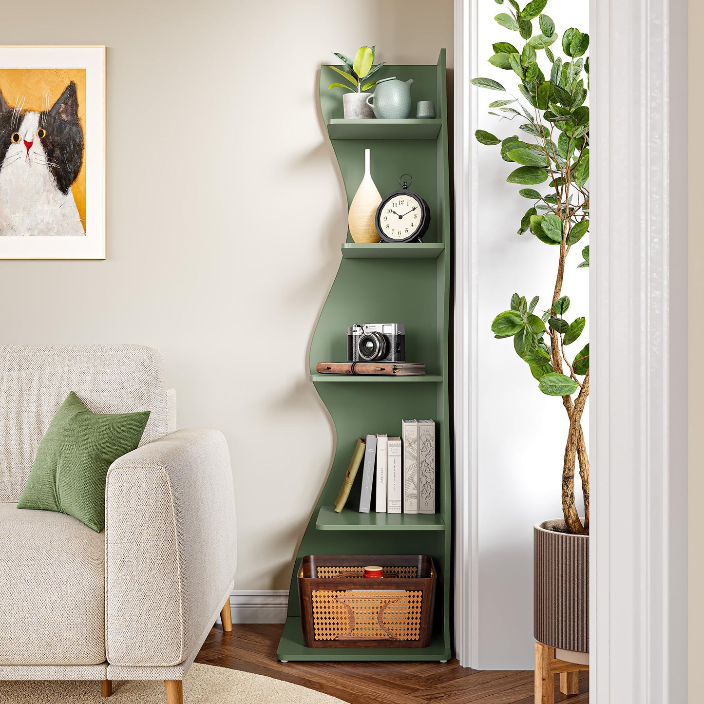 LITTLE TREE Small Corner Shelf, Modern 5-Tier Wall Corner Bookshelf, Stylish Bookcase Storage Rack for Small Space, Living Room, Bedroom