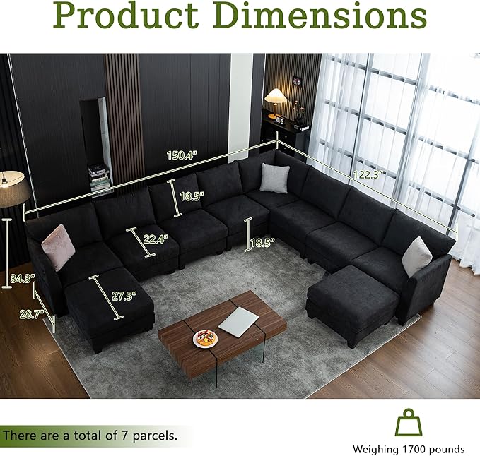 150.4" Large Sectional Couches for Living Room, 8 Seater L Shaped Modular