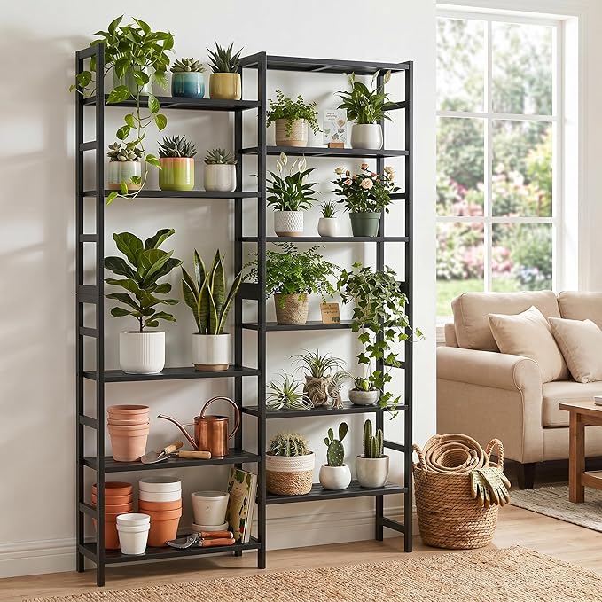 Homykic Double Wide Bamboo Bookshelf Black, 6-Tier Large Open Bookcase