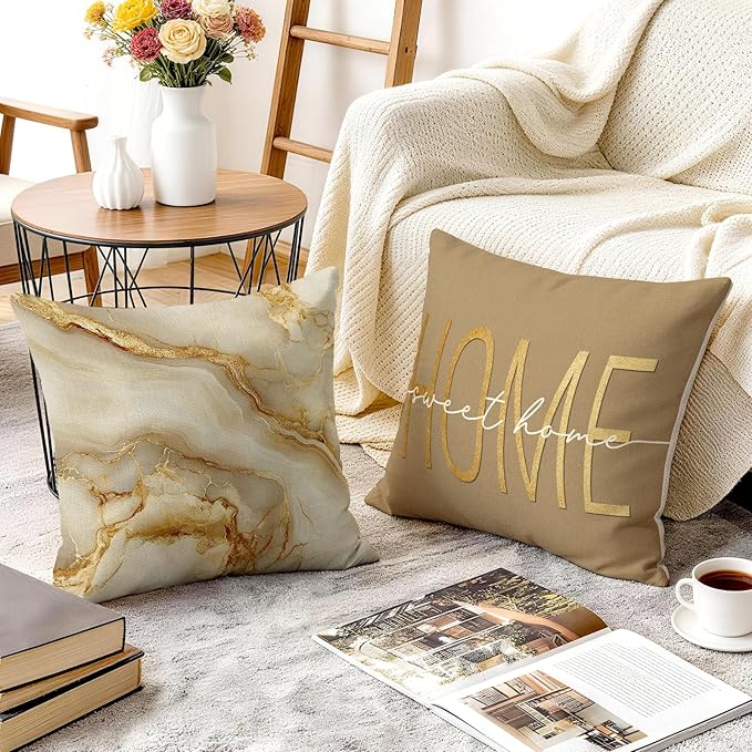 OBSEDE Inspirational Beige Marble Decorative Throw Pillow Covers 18 × 18 in
