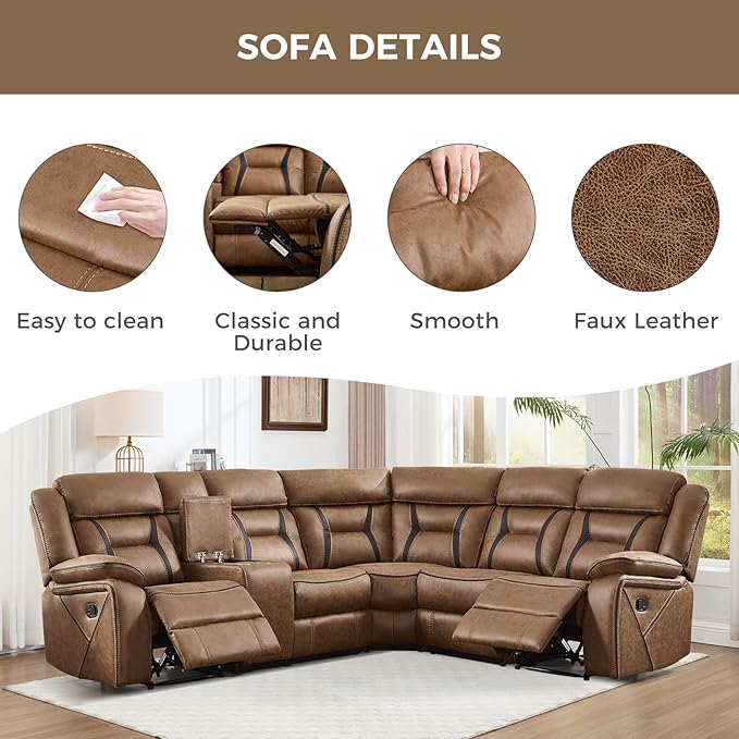 EBELLO Faux Leather Reclining Sectional Sofa Set