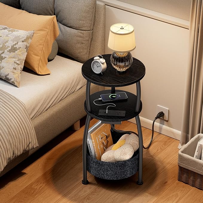 Round Side Table with Power Outlets, Small Coffee Table with S Basket, Space