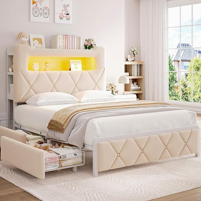 Queen Upholstered LED Bed Frame