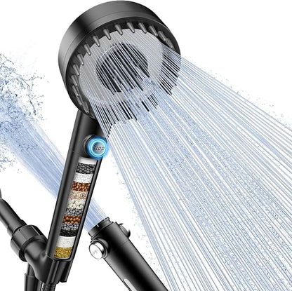 PWERAN Filtered Shower Head with Handheld, High Pressure 4 Spray Mode Showerhead with Filters, Water Softener Beads for Hard Water with ON/OFF Switch for Pets