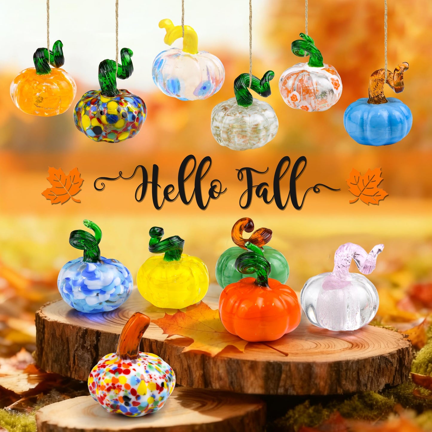 AOFEGRLT 12PCS Glass Pumpkins Figurines for Halloween Thanksgiving Fall Harvest Christmas Decoration, Small Crystal Glass Art Pumpkin Paperweight Gifts