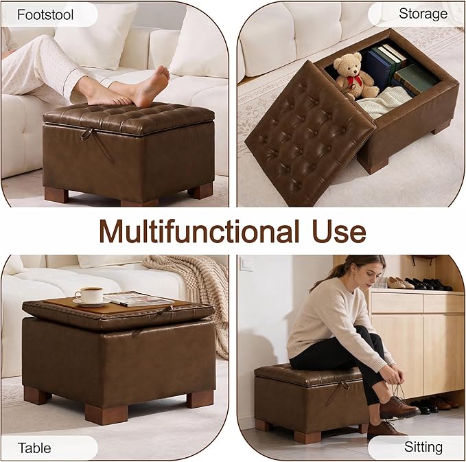 WUTUTUEE 24" Faux Leather Square Storage Ottoman