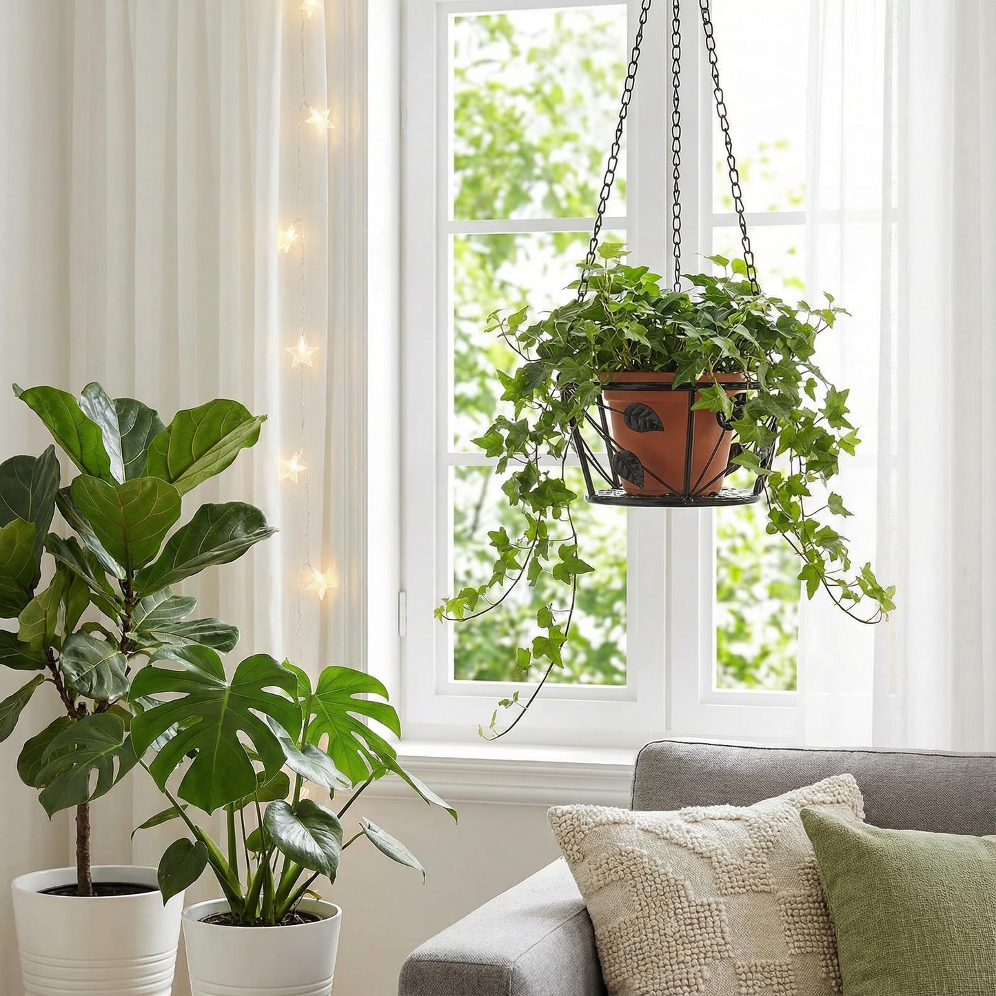 Goaste 2 Pack Metal Plant Hanger, Hanging Plant Holder with Ceiling Hook, Modern Plant Hanging Basket, Decorative Planter Flower Pots Shelf for Indoor Outdoor Use, Home Decor