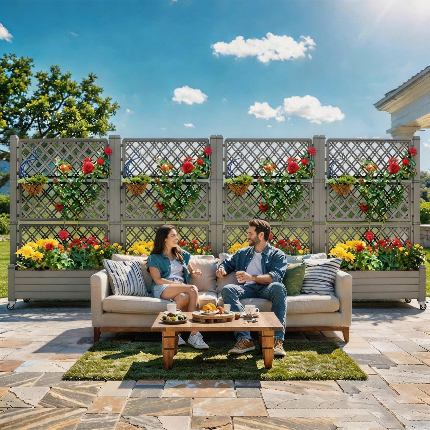 YITAHOME 43.3x17.7x61 in Planter Boxes Outdoor with Trellis, Resin Raised Garden Bed with Wheels & Drain Plug for Climbing Plants, Weather-Resistant Design Elevated Garden Bed with Trellis, Brown