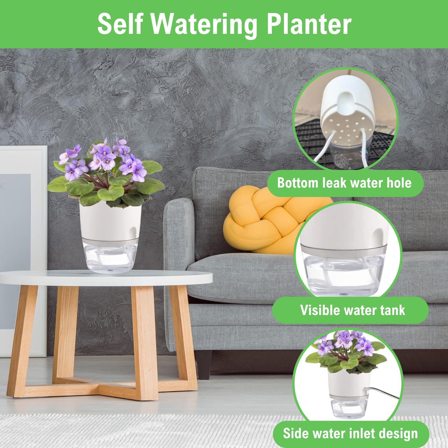 Thorkok 3.2 Inch Self Watering Planters Plastic Planter Pots 3 Pack Wicking Flower Pots Modern Decorative Planter for Small African Violets House Plants,Herbs,Indoor Outdoor Plant (White)