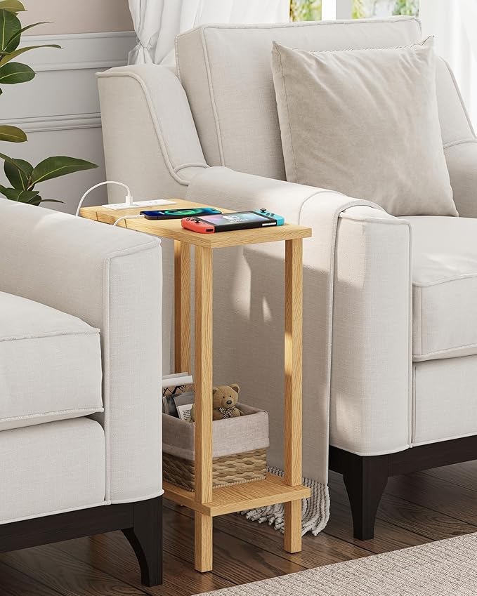 TUTOTAK Small End Table with Charging Station, Narrow Side Table with USB Ports