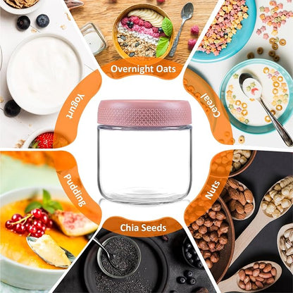 4 Pack Glass Clear Storage Canister with Airtight Lid, 12oz Overnight Oats Containers, Small Cute Decorative Pantry Jar for Snacks, Yogurt, Cereal, Fruit, Salad, Spice, Sugar, Coffee, Tea