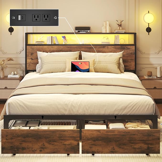 Lifezone Queen Bed Frame with 2-Tier Storage Headboard, Metal Bed Frame with