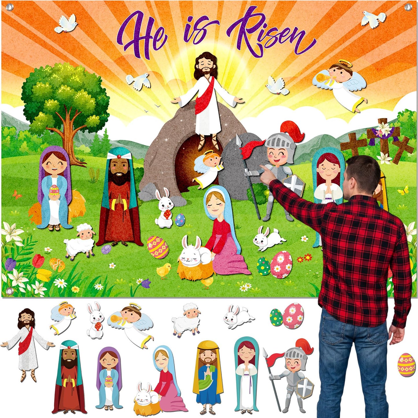 Tiamon Easter Felt Set Make an Easter He Lives Felt Scenes Resurrection Story Board Set with 14 Pcs Detachable Ornaments Wall Decor Jesus Crafts Kit for Party Spring Activity