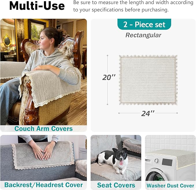 Couch Arm Covers, Couch Covers, Non-Slip Lace Armrest Covers, Headrest/Backrest