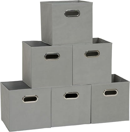Household Essentials Fabric Storage Bins in Strong Poly‑Woven Fabric, Sturdy Chipboard Sides, Grommet Front Handle, Dove Gray Finish, Set of 6