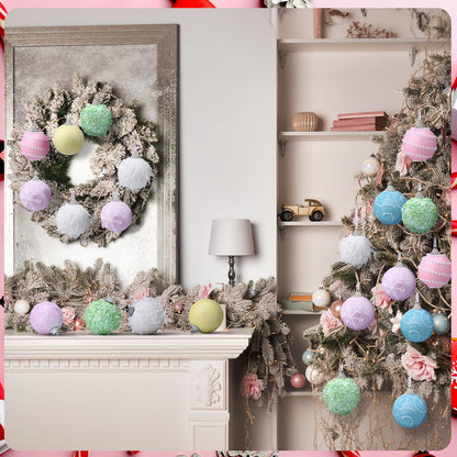 Syhood 12 Pcs 2.4 Inch Pastel Winter Tree Ornament Pink Yellow Blue Shatterproof Xmas Ornament Glitter Foam Winter Balls Tree Decoration for Home Xmas Holiday Candyland Party Centerpiece