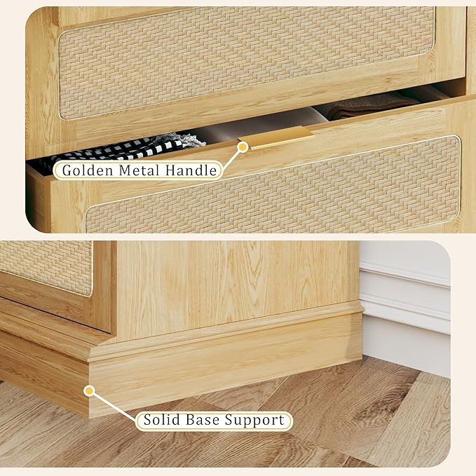 HUAHUU 6 Drawer Dresser for Bedroom, 50 Inch Tall Dressers & Rattan Chest of