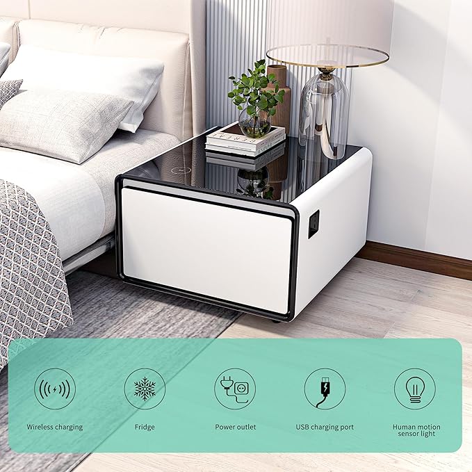 Smart Coffee Table with Fridge, Smart Center Table with Wireless Charging