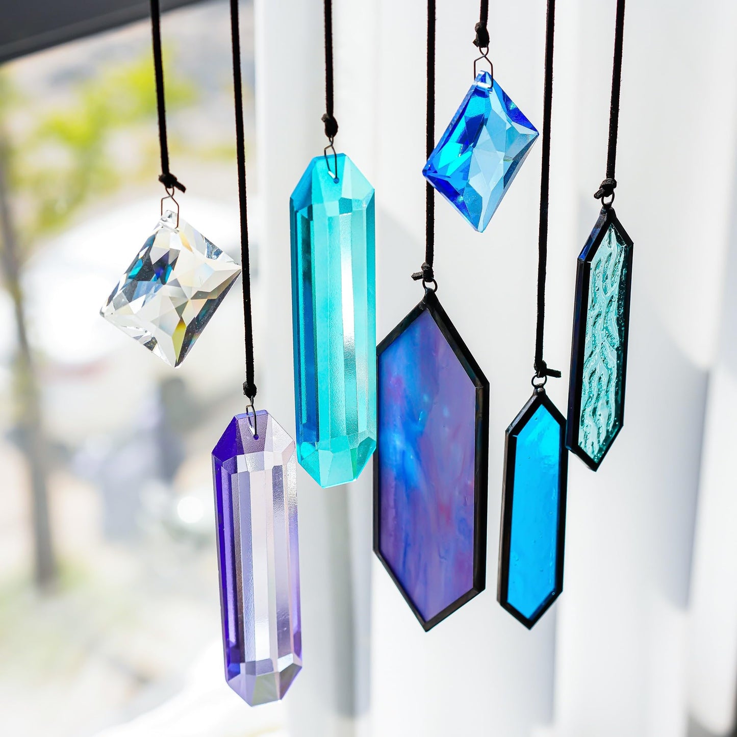 HDCRYSTALGIFTS Set 7 Crystal Blue Dreams Sun Catchers Window Hanging Ornaments Stained Glass Suncatchers Kit for Window Indoor Home Garden Decor