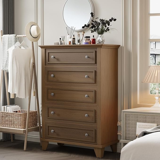 IDEALHOUSE 5 Drawer Dresser, Wooden Storage Chest of Drawers
