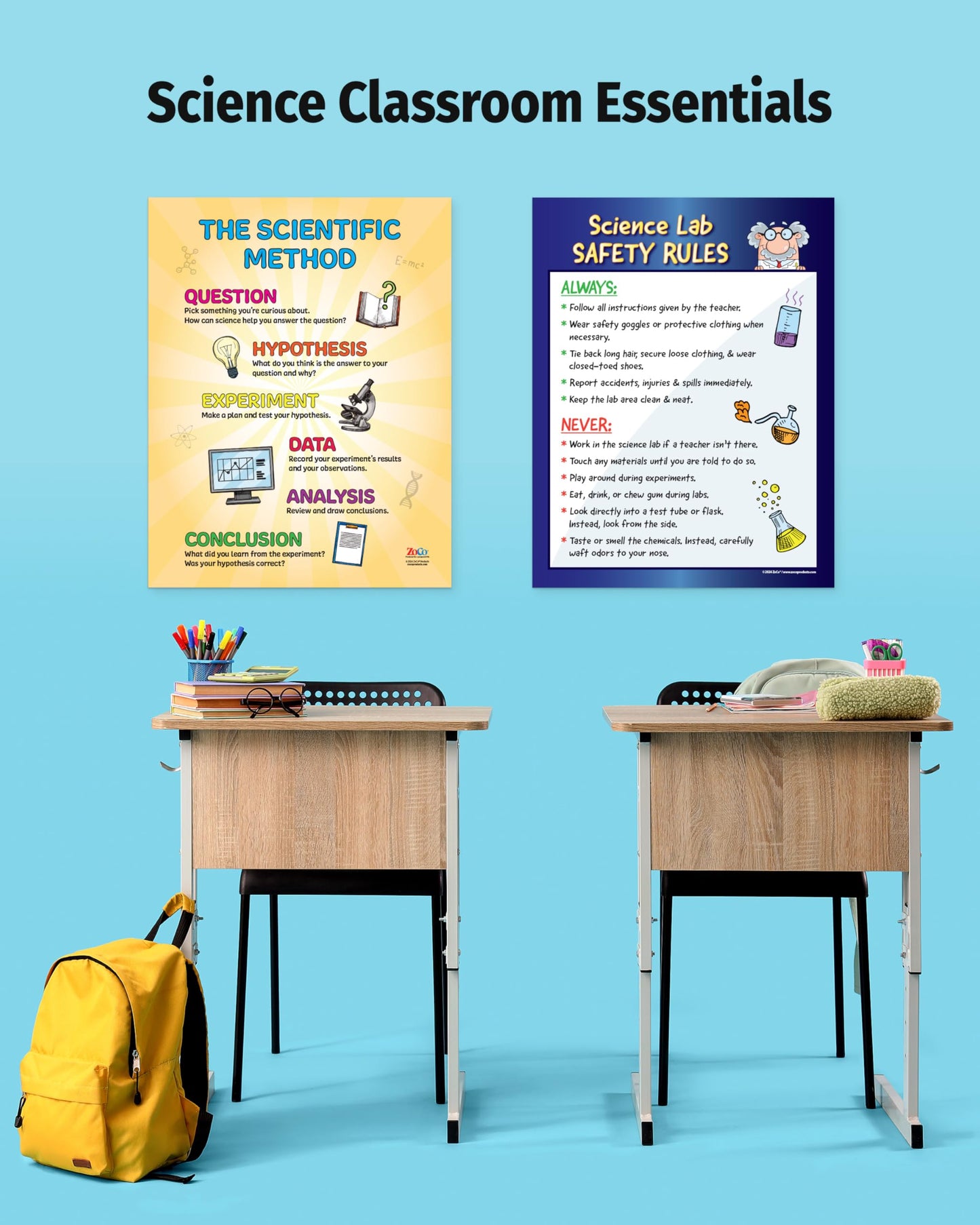 ZOCO - Scientific Method & Lab Safety Rules Posters - Laminated 2-Pack, 17x22, for Middle & High School Science Classrooms