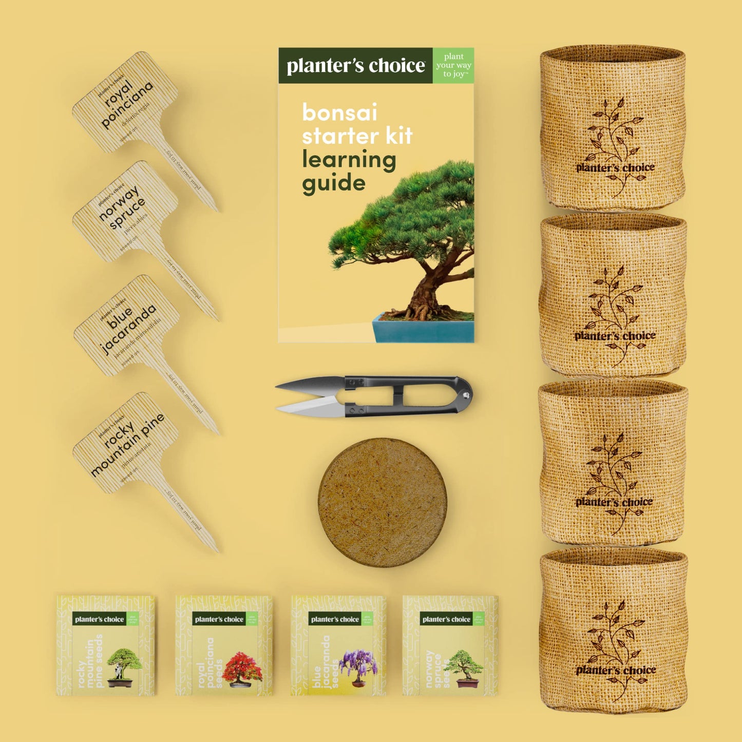 Planter's Choice Bonsai Tree Kit for Beginners & Plant Lovers - Grow Your Own Bonsai from Seed, 4 Species Starter Kit with Burlap Pots, Shears, Soil Disc, Markers & Guide, Gift for Mom or Grandma