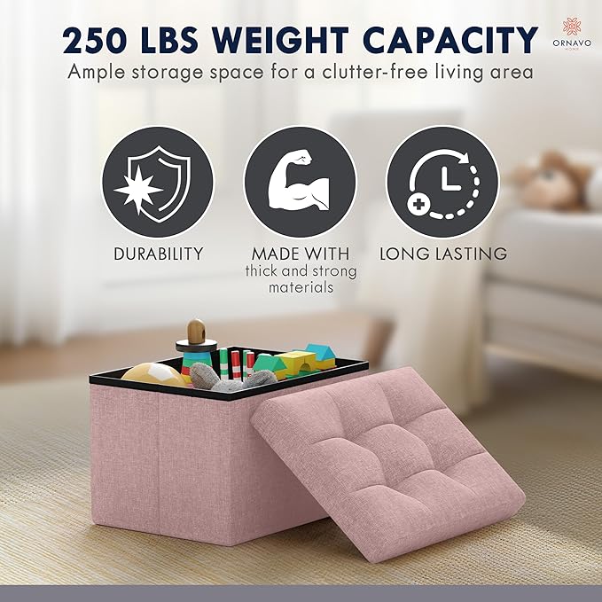 Ornavo Home Small Storage Ottoman, Foldable Collapsible Rectangle Linen Ottoman