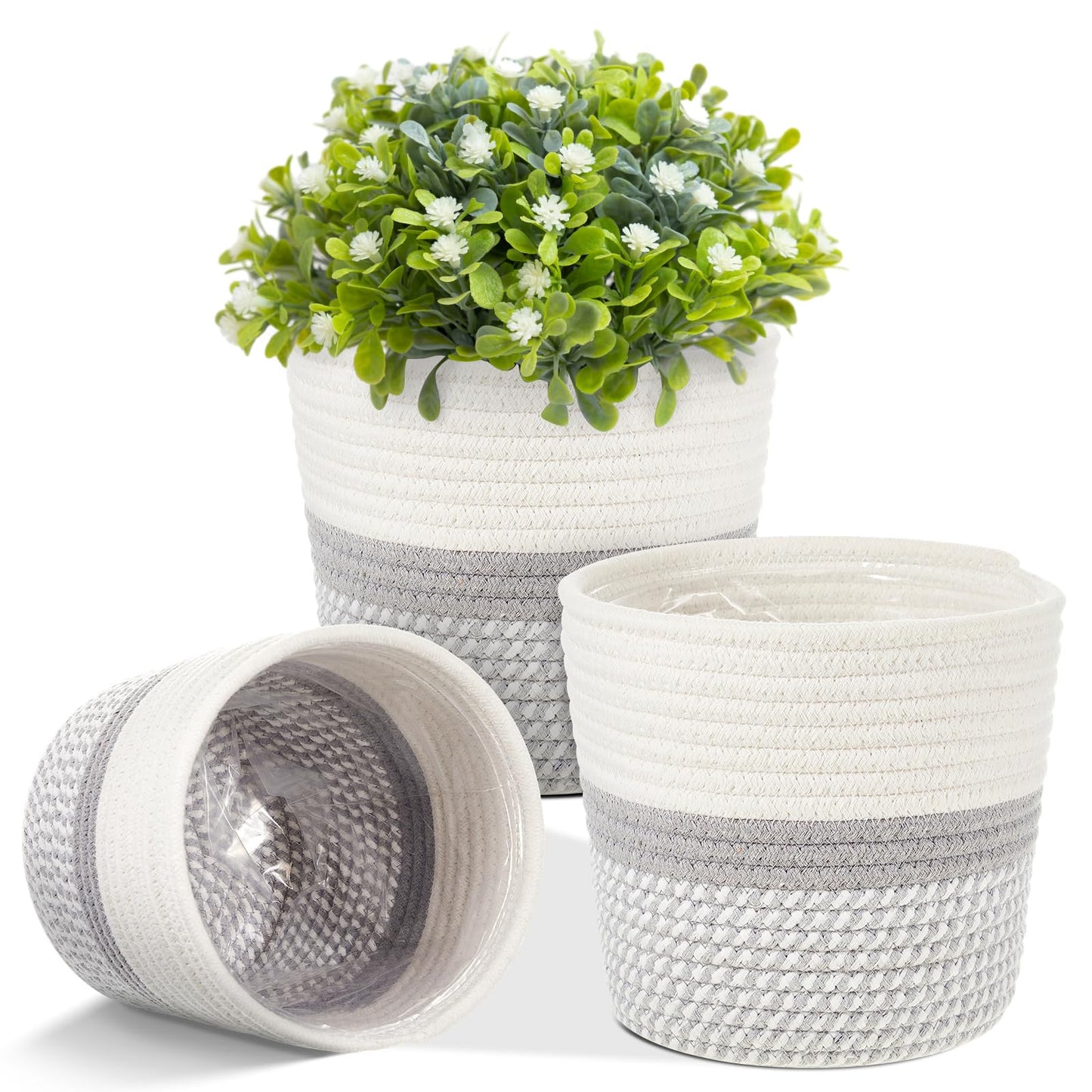 FoldTier 3 Pcs Cotton Rope Plant Basket with Plastic Liner Rustic Plant Basket Planters Modern Woven Decorative Pots for Home Flower Indoor Storage Decor, 7.5 x 6.5 Inches(White, Gray)