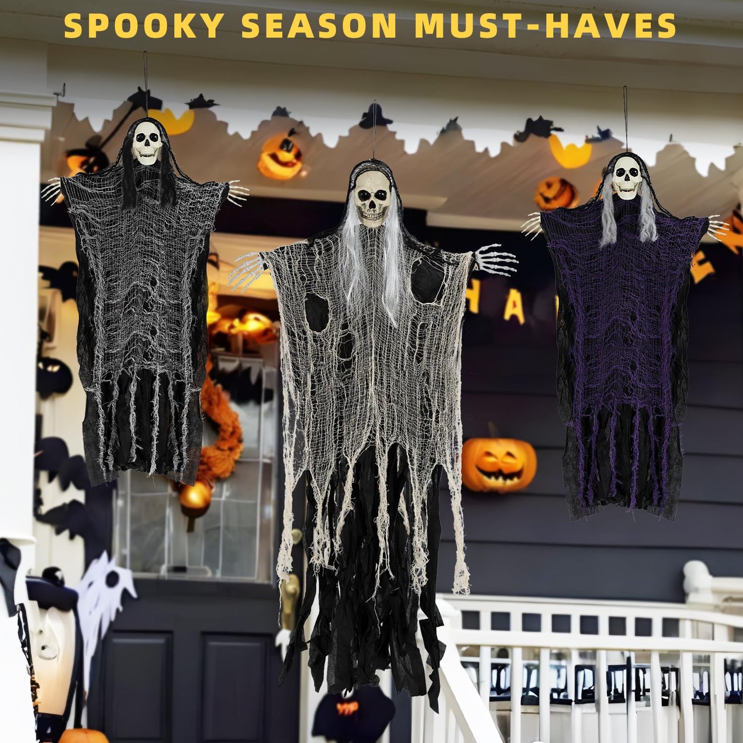 QPMR Halloween Decorations Outdoor/Indoor,Set of 3 Scary Hanging Ghosts,Halloween Grim Reaper Skeleton, Scary Party Decorations,Haunted House Decor for Yard/Lawn/Garden.