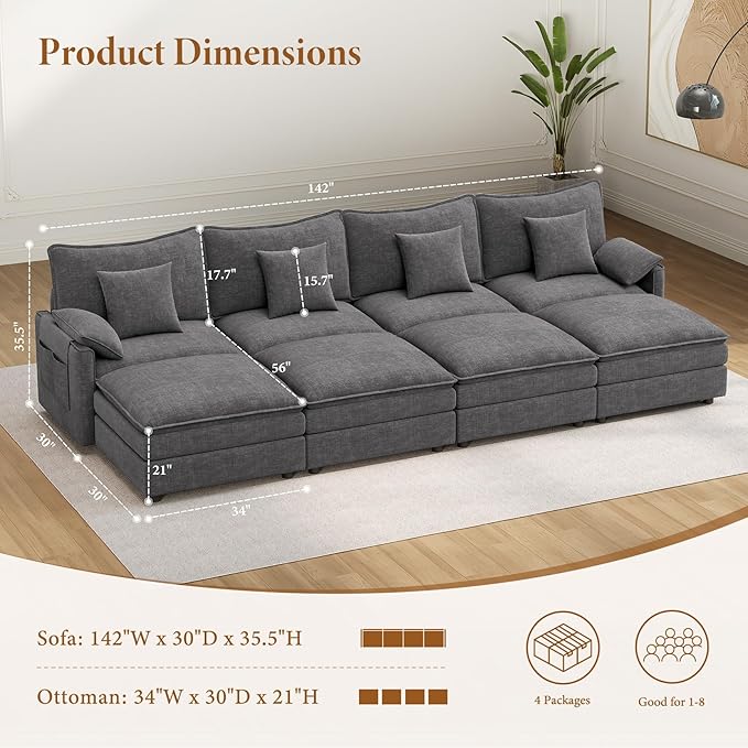 Vesgantti 142" Oversized Sectional Sofa Bed, 8-Seater Modular Sleeper Cloud