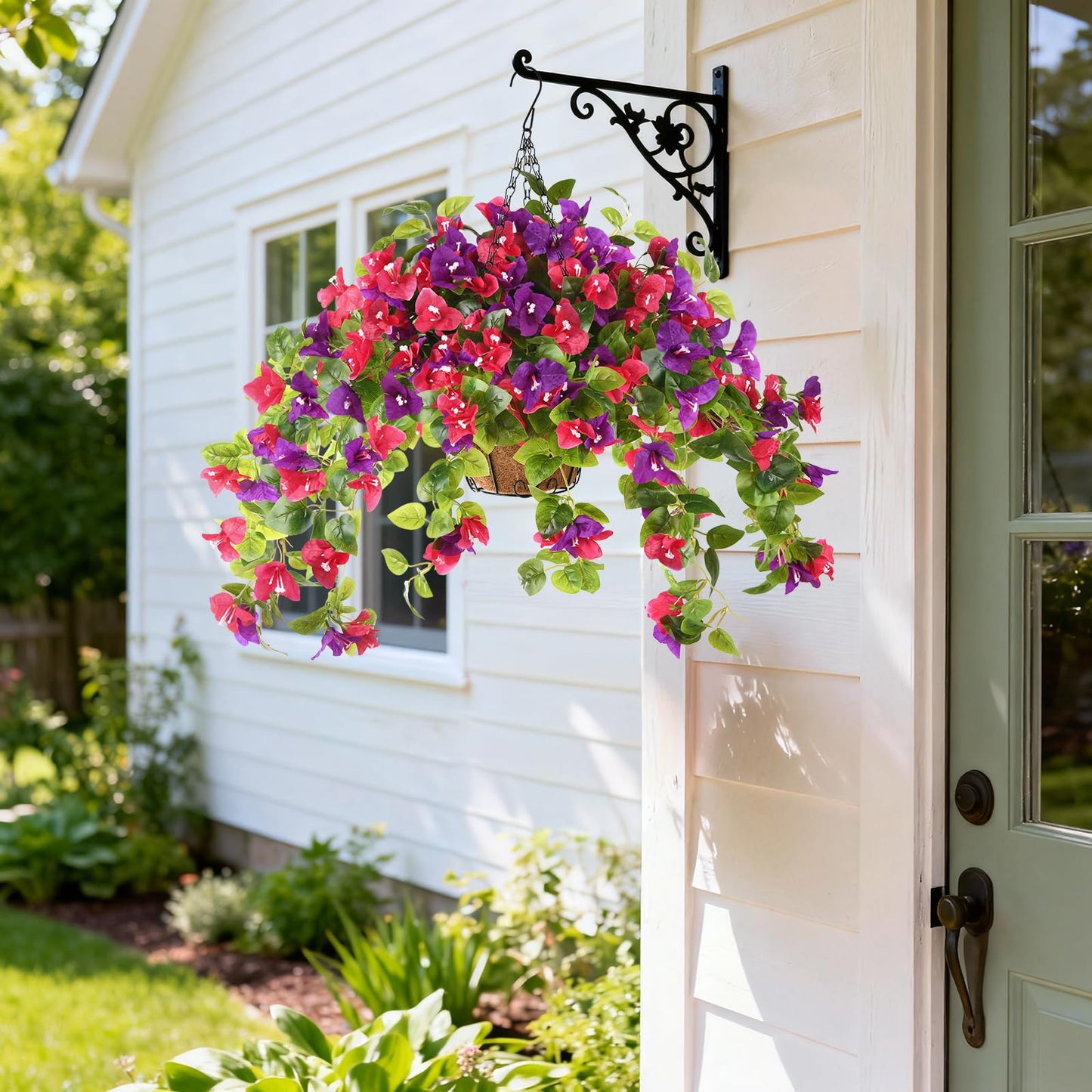 Homsunny Artificial Fake Hanging Flowers Plants Basket for Outdoor Decoration, Faux Silk Flower Bougainvillea Planter Look Real UV Resistant for Home Porch Patio Balcony Yard Spring Decor(Mix Pulple)