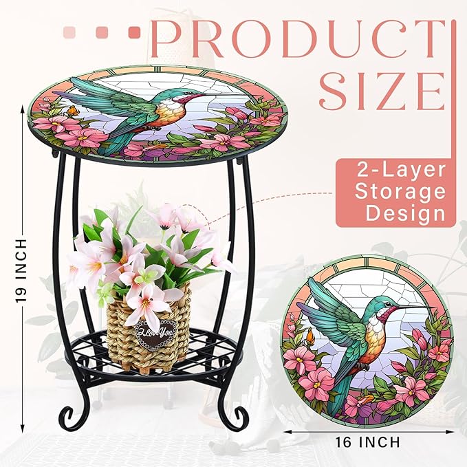 Cinnvoice Outdoor Side Table Round Small Mosaic Patio Accent Indoor End Plant