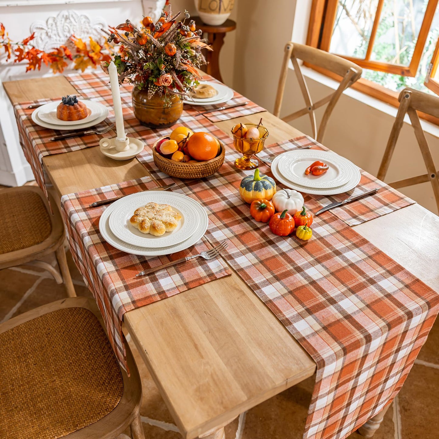 Joyfol Day Thanksgiving Rust Tartan Table Runner - 13x90 Inch Fall & Halloween Decor, Scratch-Proof Washable Plaid Table Decoration for Dining/Kitchen Buffet