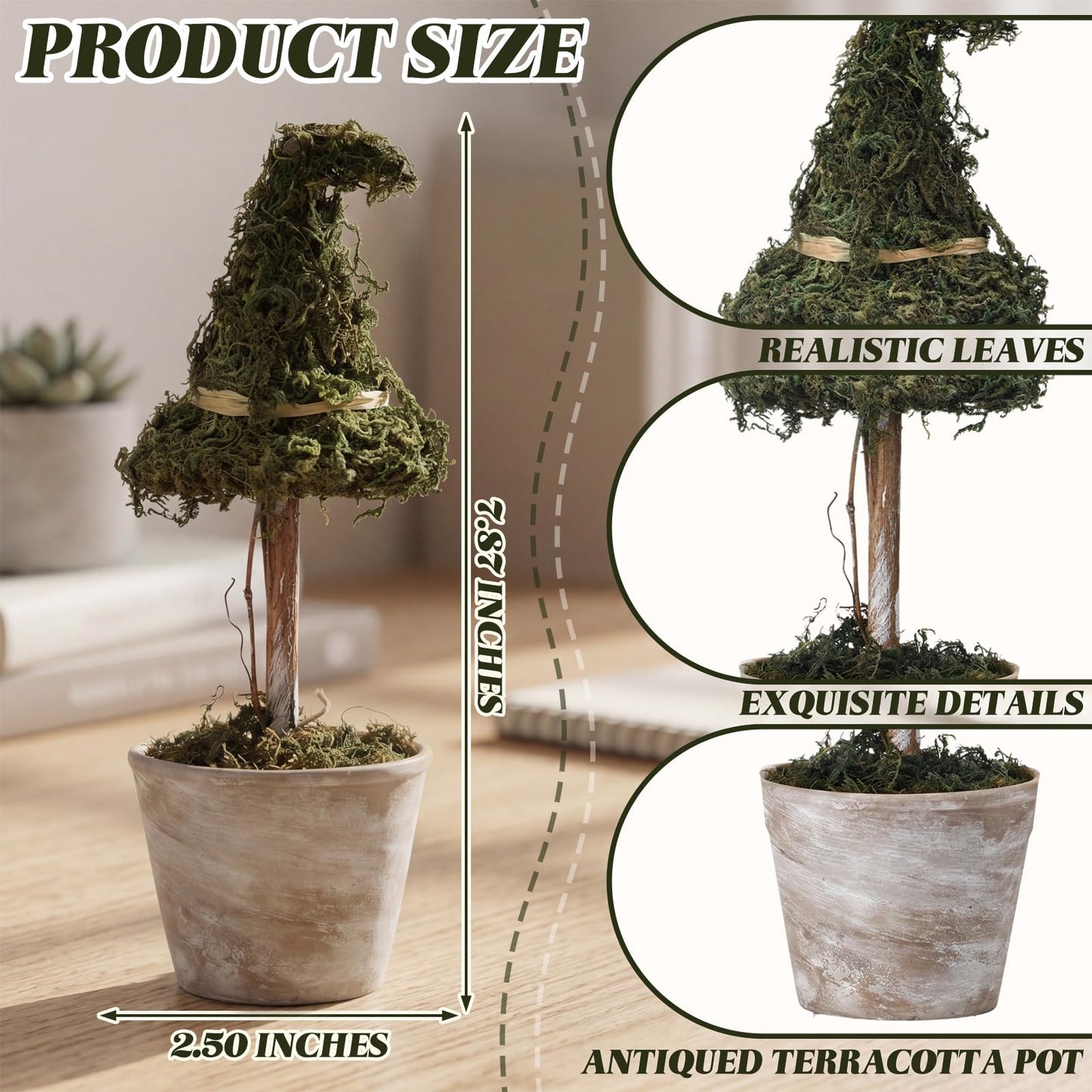 Thiccywoov 3 Pcs Halloween Witch Hat Topiary Plant with Pot Fake Small Moss Halloween Decorations Rustic Farm Witch Hat Plant Pot Tabletop Centerpiece for Home Bedroom Tiered Tray Decor Gifts 8.6inch