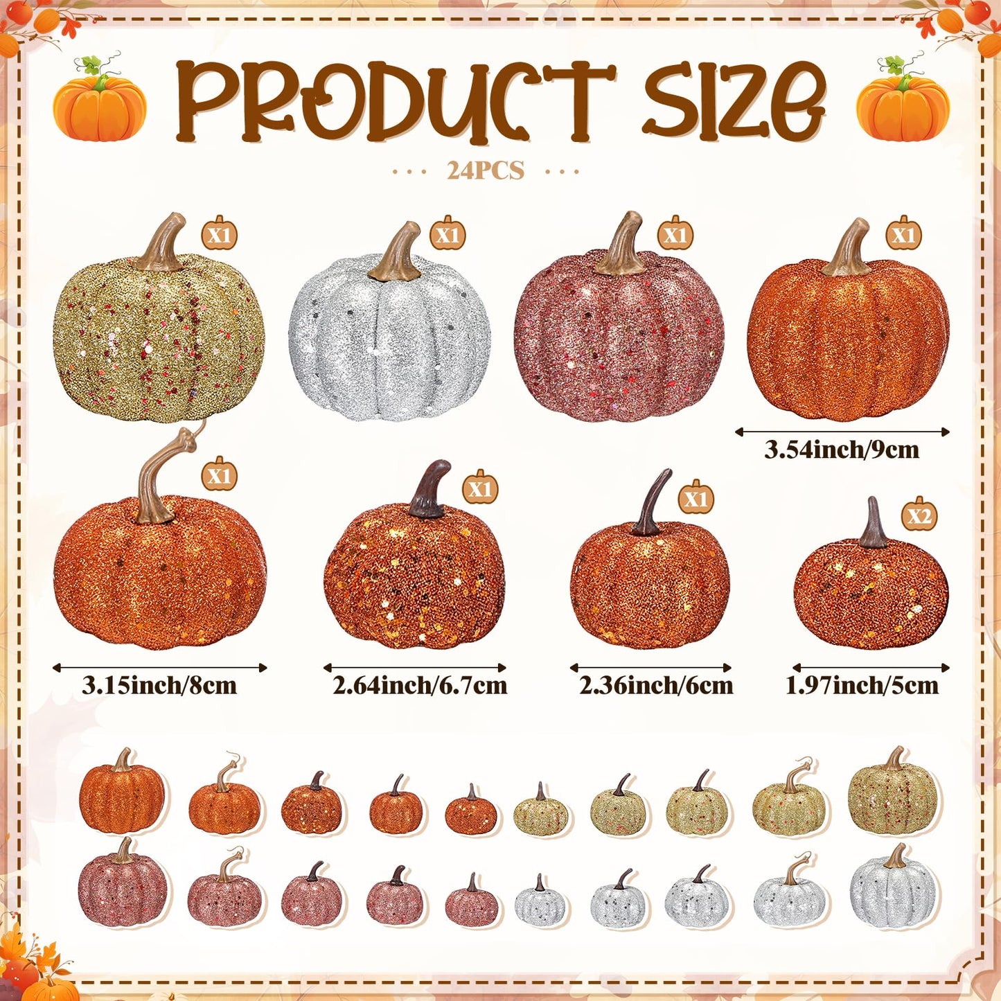 Simgoing 24 Pcs Thanksgiving Glitter Mini Pumpkin Decor Orange, Silver, Gold Small Artificial Foam Pumpkins Fall Tree Hanging Ornament Tiered Tray Decor for Autumn Thanksgiving Party Indoor Home