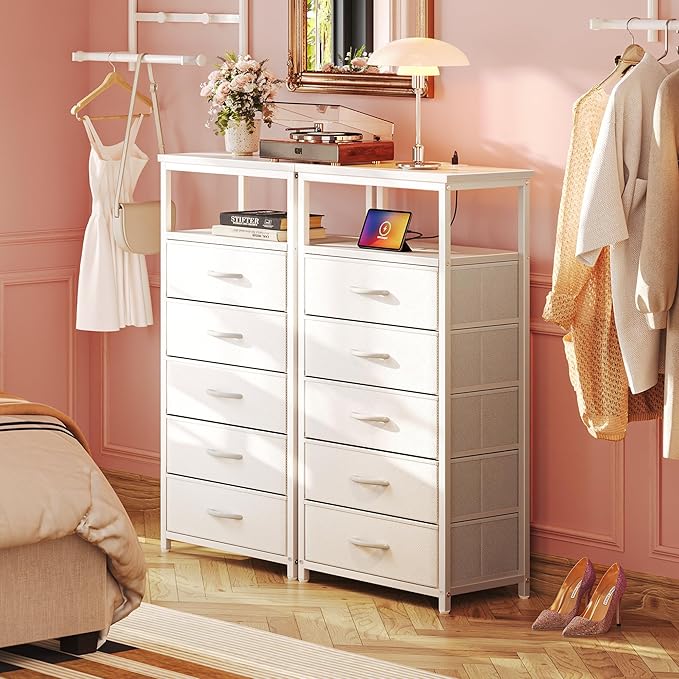 Huuger White Dresser with 5 Drawers & Charging Station, Tall Dresser