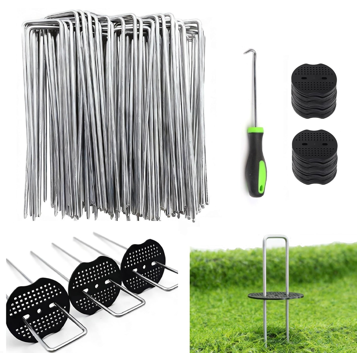 10 Inch 100 PCS Galvanized Landscape Staples with 100 PCS Gasket, Landscape Fabric Pins Stakes Lawn Ground Cover Graden Staples Spikes Weed Barrier Stakes