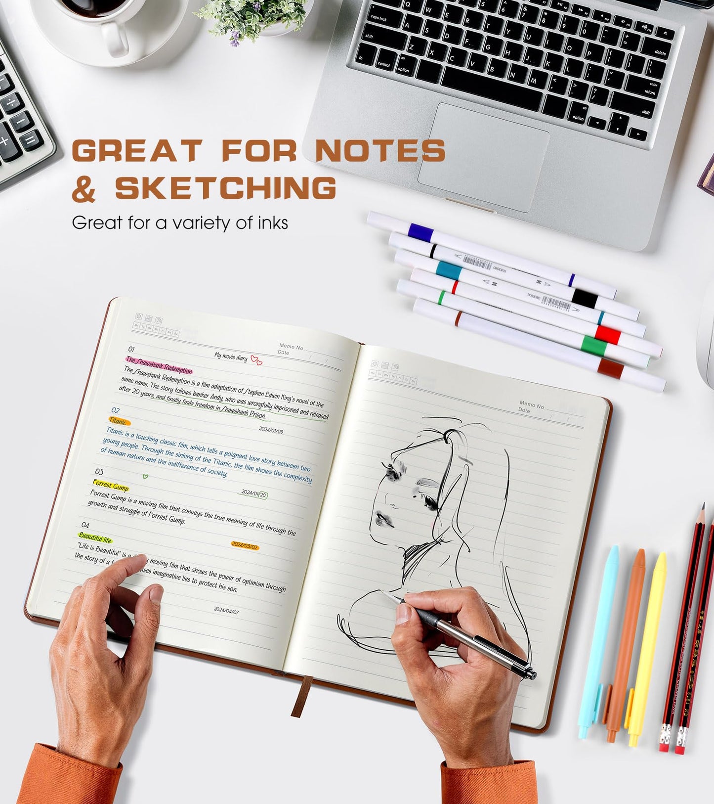 Biuwory B5 Leather Journal Notebook, 256 Lined Pages, Hardcover 7.8"×10.2"